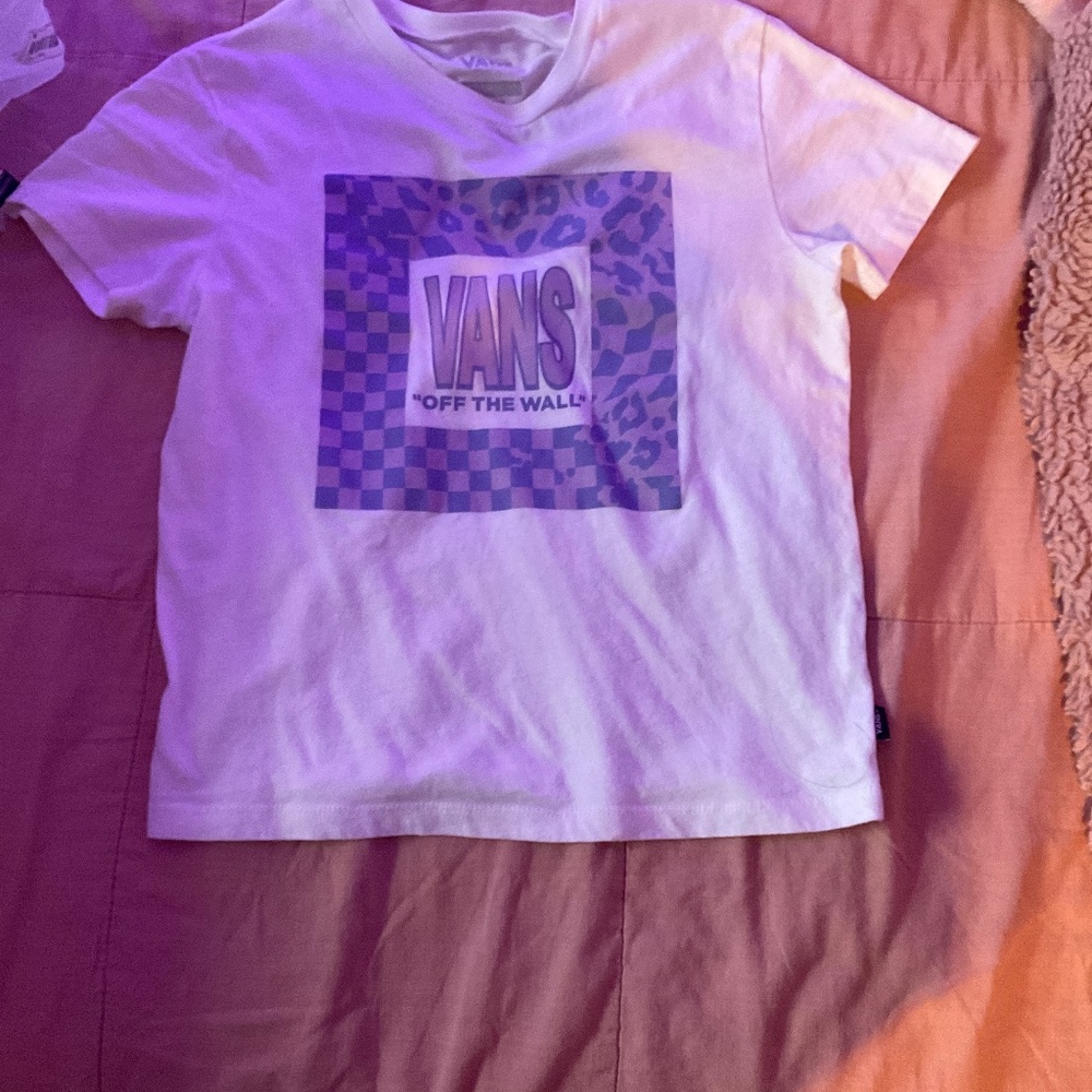 A white van shirt. With some purple patterns. Kid size 10 - 12.